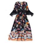 3/4-sleeve Printed Frill Trim A-line Maxi Dress