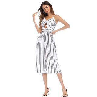 Spaghetti Strap Striped Capri Jumpsuit
