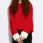 Batwing-sleeve Cropped Sweater Red - One Size