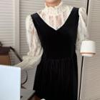 Mock Two-piece Long-sleeve Lace Midi Dress Black - One Size