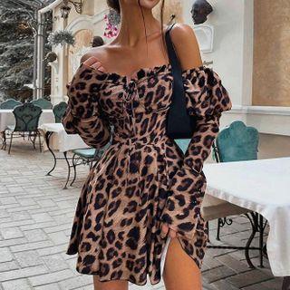 Off-shoulder Long-sleeve Leopard Print Drawstring Dress