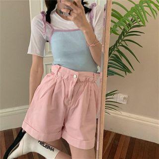 Plain Wide-leg Shorts / Contrast Trim Tie-strap Knit Camisole Top