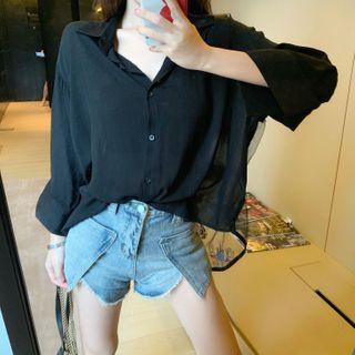 Cartoon Embroidered Mesh Panel Shirt