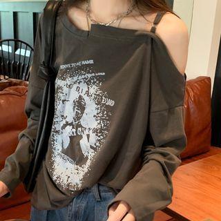 Asymmetrical Cold-shoulder Print T-shirt Gray - One Size