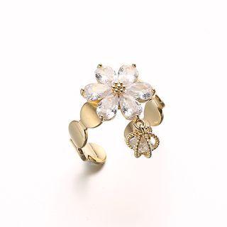 Rhinestone Flower Dangle Open Ring Open Ring - Gold - One Size