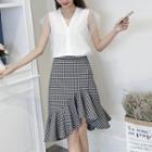 Set: Mesh Panel Sleeveless Top + Ruffle Mini Skirt