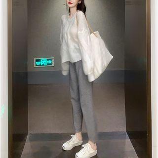 Dolman-sleeved Knit Sweater / High-waist Harem Pants