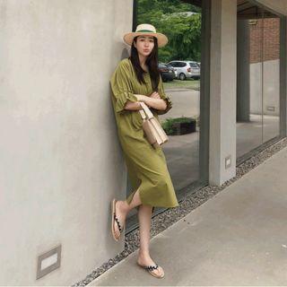 Puff-sleeve Slit-side Midi Dress