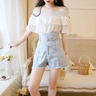 Set: Elbow-sleeve Perforated Top + Denim Shorts