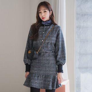 Set: Faux-pearl Trim Plaid Top + Ruffle-hem Mini Skirt