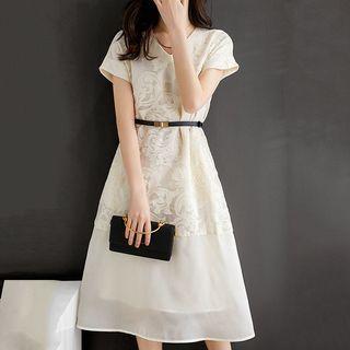 Set: Short-sleeve Jacquard A-line Dress + Belt
