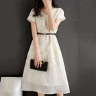 Set: Short-sleeve Jacquard A-line Dress + Belt