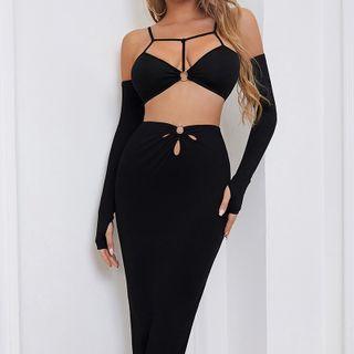 Set: Off-shoulder Long-sleeve Crop Top + Midi A-line Skirt
