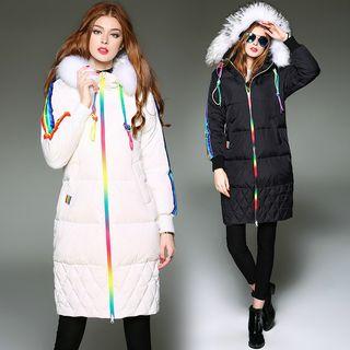 Furry-trim Hooded Contrast-stripe Down Coat