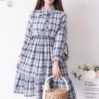 Long-sleeve Gingham Bow Accent A-line Dress