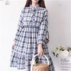 Long-sleeve Gingham Bow Accent A-line Dress