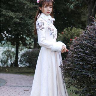 Fluffy Trim Embroidered Long A-line Coat