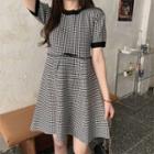 Short-sleeve Houndstooth Knit Mini A-line Dress