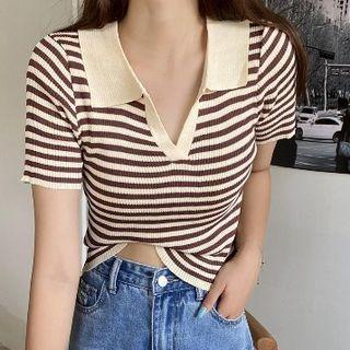 Short-sleeve V-neck Polo Collar Striped Knit Top