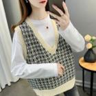 Set: Long-sleeve Plain T-shirt + V-neck Contrast Trim Printed Knit Vest