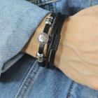 Stainless Steel Star Leather Layered Bracelet 1415 - Black & Silver - One Size