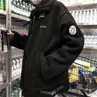 Embroidered Faux Shearling Zip Jacket