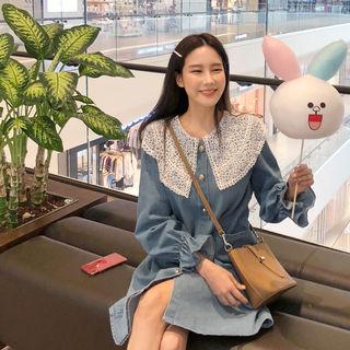 Lace-collar Denim Shirtdress Light Blue - One Size