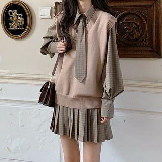 Knit Vest / Long-sleeve Plaid Shirt Dress