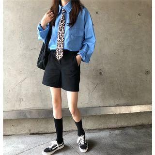 Plain Shirt With Leopard Print Tie Blue - One Size
