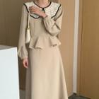 Long-sleeve Lace Trim Ruffle Midi A-line Dress