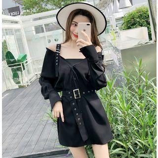 Buckled-strap Off-shoulder Mini Shirtdress