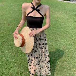 Strappy Flower Panel Midi A-line Dress