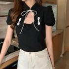 Puff-sleeve Cutout Stand-collar Crop Top