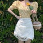 Embroidered Floral V-neck Top / High-waist Skirt