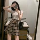 Short-sleeve Cropped T-shirt / Plaid Pleated Mini A-line Skort