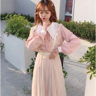 Lace Trim Long-sleeve Top / Suspender Skirt