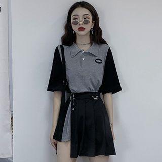 Color Block Elbow-sleeve Polo Shirt / Side-slit Mini A-line Skirt