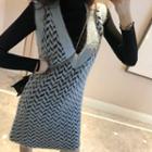 Long-sleeve Turtleneck Knit Top / Sleeveless Print Mini Dress