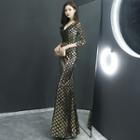 3/4 Sleeve V-neck Sequined Mermaid Evening Gown