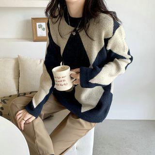 Diamond Pattern Sweater Off-white & Dark Blue - One Size