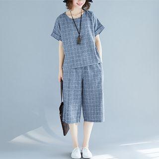 Set: Short-sleeve Plaid Top + Plaid Capri Wide-leg Pants