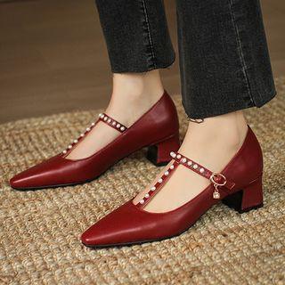 Block Heel Faux Pearl T-strap Mary Jane Pumps