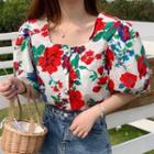 Flower Print Short-sleeve Blouse As Shown In Figure - One Size