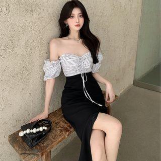 Off Shoulder Printed Letter Drawstring A-line Dress