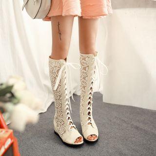Faux-leather Lace Lace-up Tall Boots