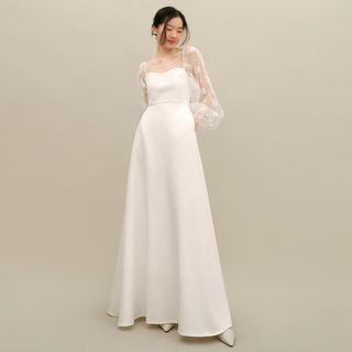 Long-sleeve Lace Panel A-line Wedding Gown