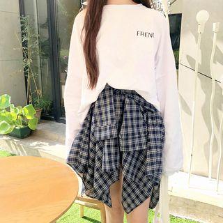 Set: Lettering Top + Tie-waist Plaid Skirt