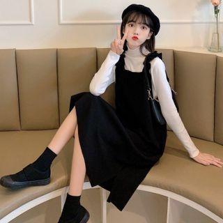 Plain Midi Overall Dress / Long-sleeve Mock-neck Top