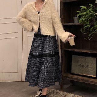 Print Lace Panel Knit High-waist A-line Midi Skirt As Shown In Figure - One Size