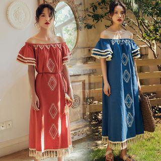 Off-shoulder Tasseled Embroidered Midi A-line Dress